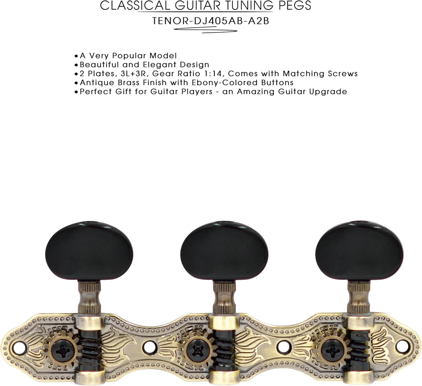 DJ405AB-A2B TENOR Classical Guitar Tuners, Tuning Key Pegs/Machine Heads for Classical or Flamenco Guitar with Antique Brass Finish and Ebony Colored Buttons.