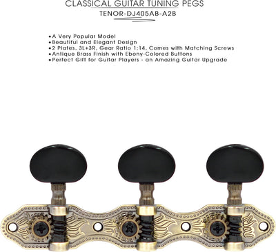 DJ405AB-A2B TENOR Classical Guitar Tuners, Tuning Key Pegs/Machine Heads for Classical or Flamenco Guitar with Antique Brass Finish and Ebony Colored Buttons.