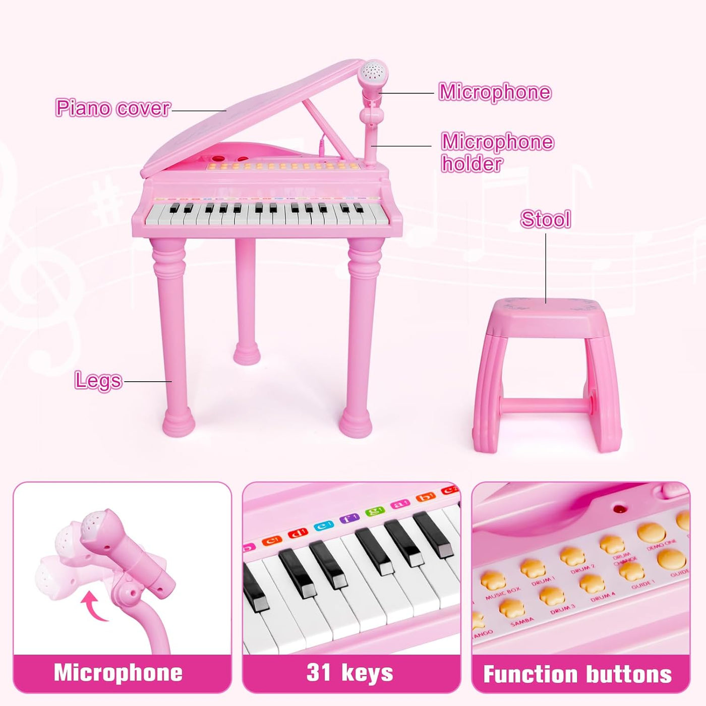Piano Keyboard Toys for Girls - 31 Keys Kids Toy Piano with Microphone and Stool for Toddler Music Toy for 3+ Years Old Girls Birthday Gift