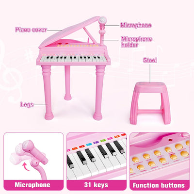 Piano Keyboard Toys for Girls - 31 Keys Kids Toy Piano with Microphone and Stool for Toddler Music Toy for 3+ Years Old Girls Birthday Gift