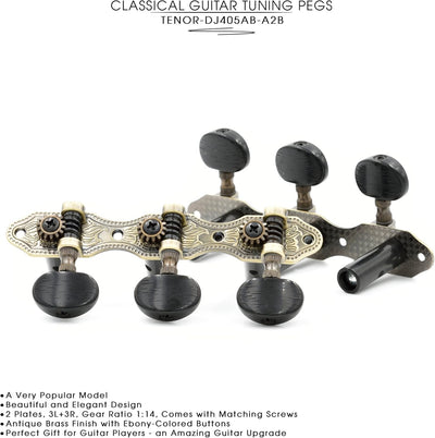 DJ405AB-A2B TENOR Classical Guitar Tuners, Tuning Key Pegs/Machine Heads for Classical or Flamenco Guitar with Antique Brass Finish and Ebony Colored Buttons.