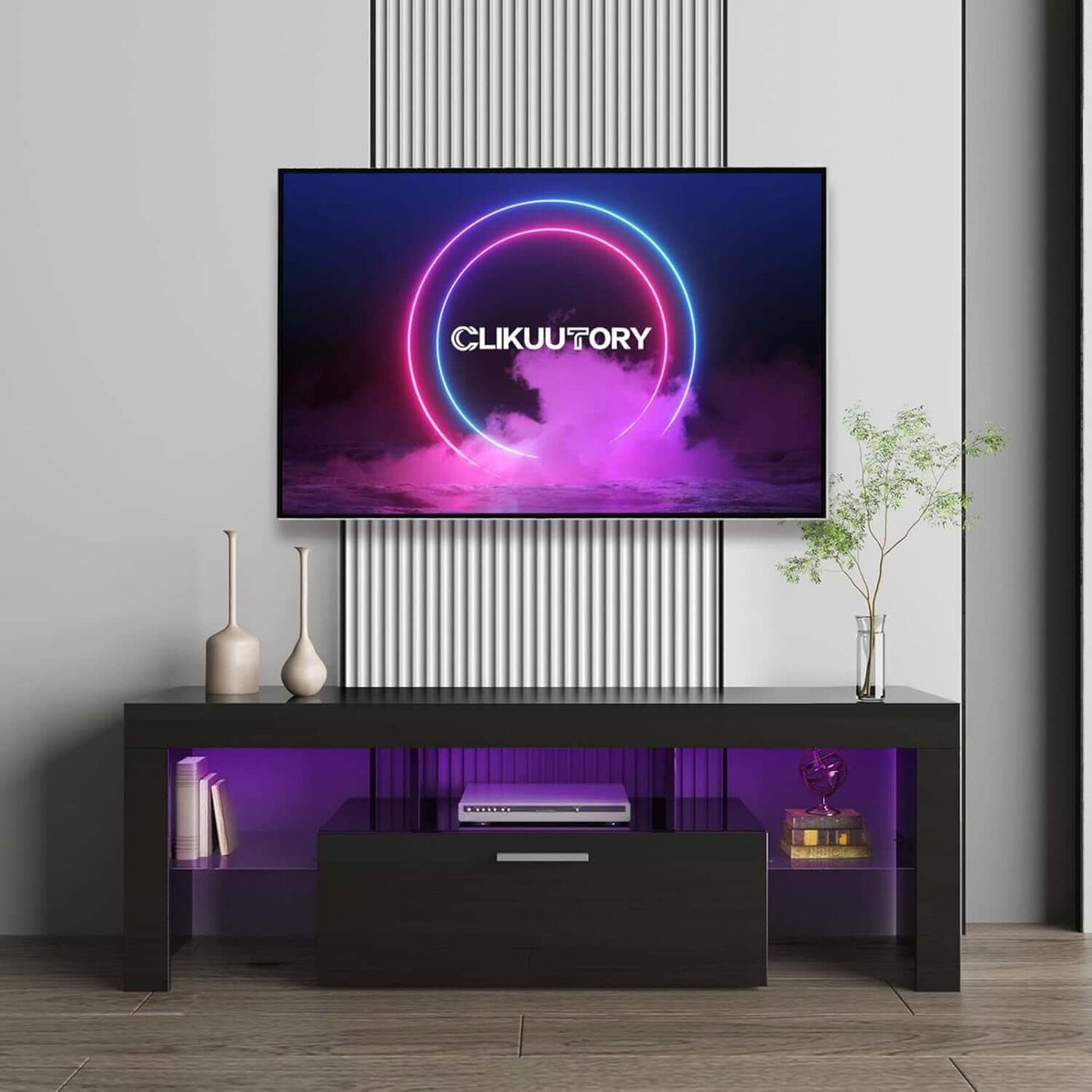 Black LED TV Stand With Large Storage Drawer For TVs Up To 55 Inches