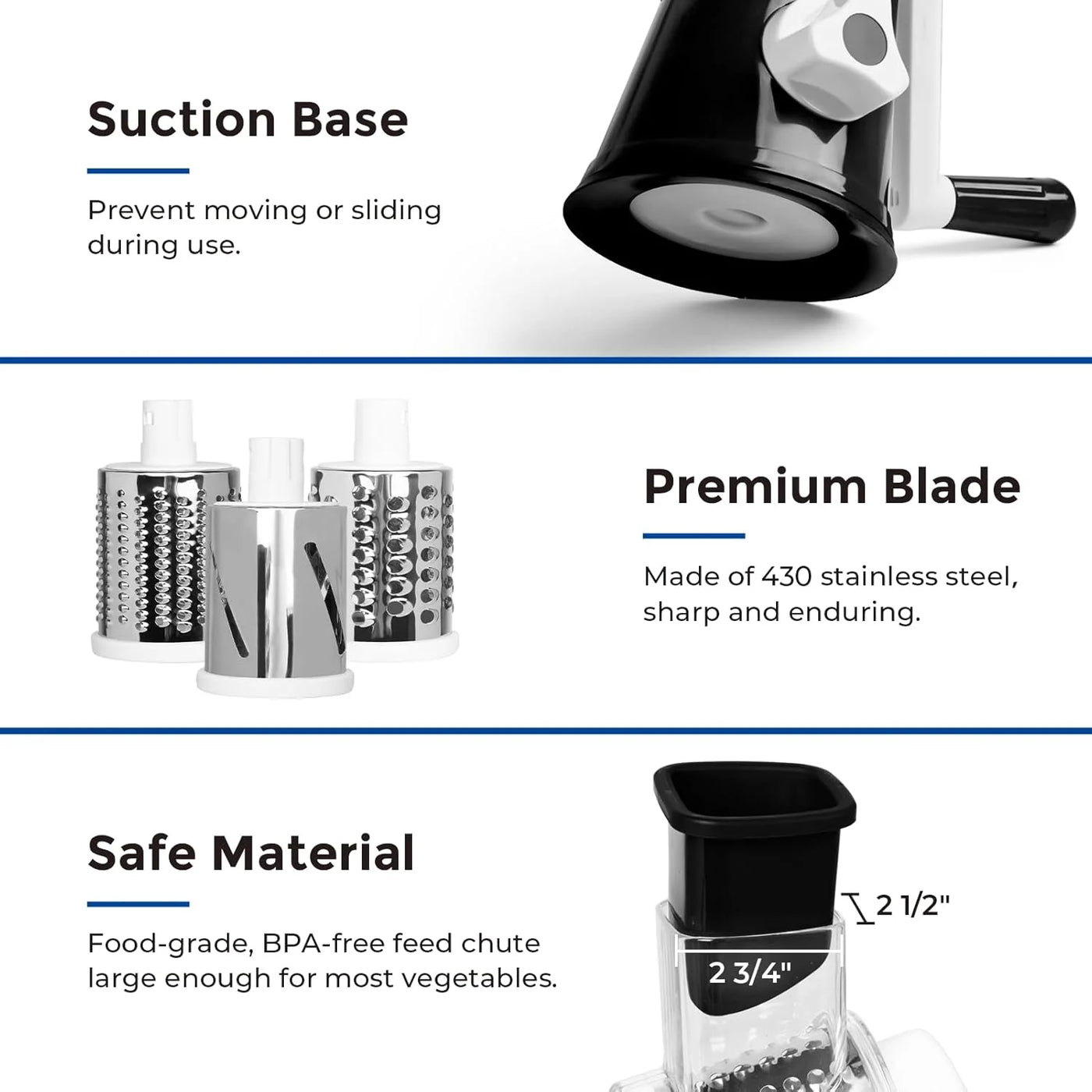 3 in 1 Cheese Grater Rotary, Cheese Shredder Grater for Kitchen Grater Slicer with 3 Replacement Blades, Potato Slicer Vegetable Chopper with Suction Base, Black