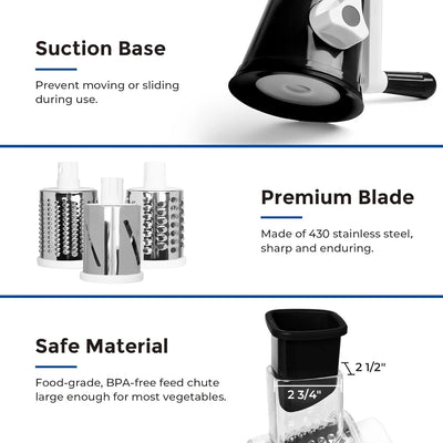 3 in 1 Cheese Grater Rotary, Cheese Shredder Grater for Kitchen Grater Slicer with 3 Replacement Blades, Potato Slicer Vegetable Chopper with Suction Base, Black