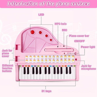 Piano Keyboard Toys for Girls - 31 Keys Kids Toy Piano with Microphone and Stool for Toddler Music Toy for 3+ Years Old Girls Birthday Gift