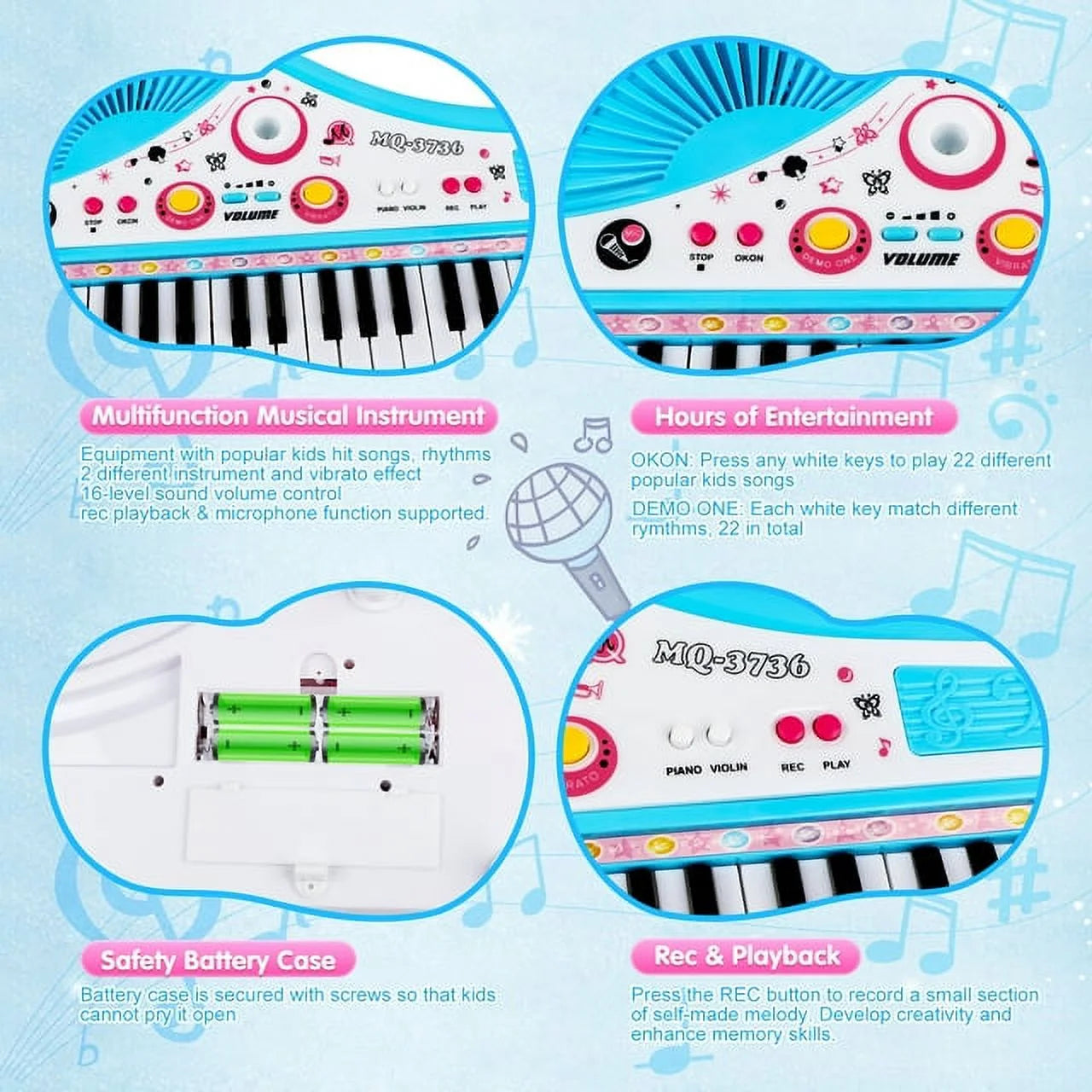 Baby Piano Toys for Kids, Blue Musical Baby Piano Keyboard Instrument with Microphone for Toddlers, Christmas Gift for Girls Boys Aged
