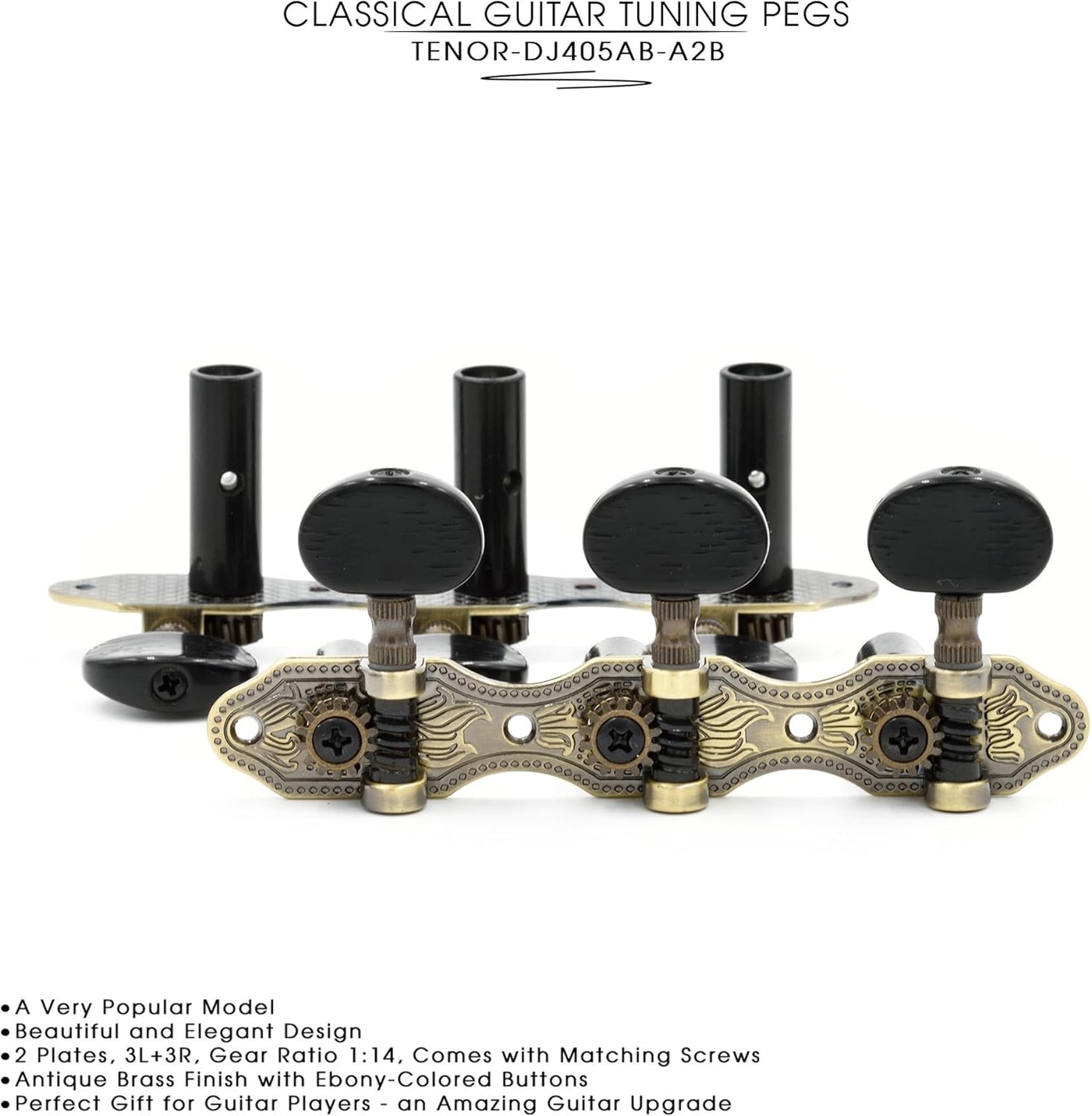 DJ405AB-A2B TENOR Classical Guitar Tuners, Tuning Key Pegs/Machine Heads for Classical or Flamenco Guitar with Antique Brass Finish and Ebony Colored Buttons.