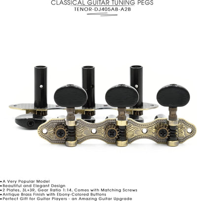 DJ405AB-A2B TENOR Classical Guitar Tuners, Tuning Key Pegs/Machine Heads for Classical or Flamenco Guitar with Antique Brass Finish and Ebony Colored Buttons.