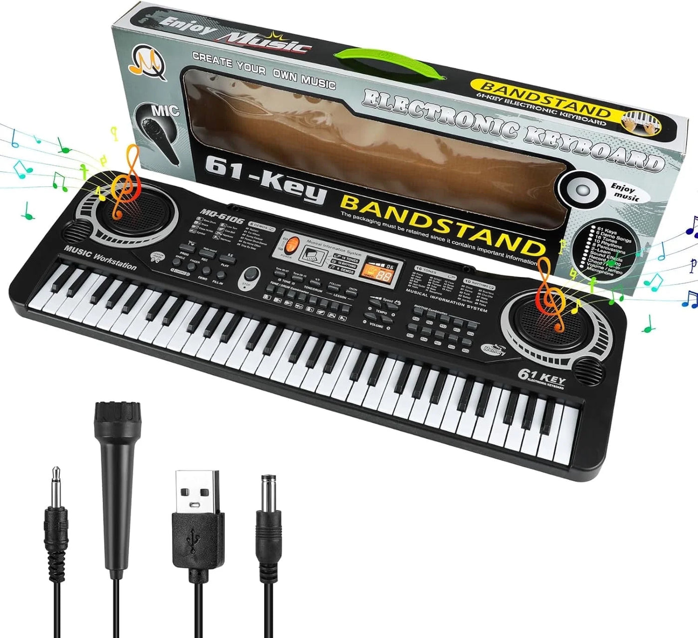 61 Key Keyboard Piano, Electronic Keyboard Piano with Microphone for Kids Gift, Black