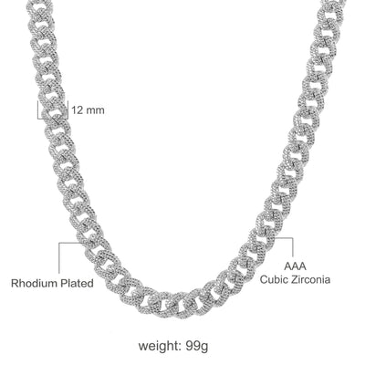 COLT 12 MM 925 SILVER CUBAN | 9210081 showing 12 mm rhodium plated chain with AAA cubic zirconia, weight 99g.