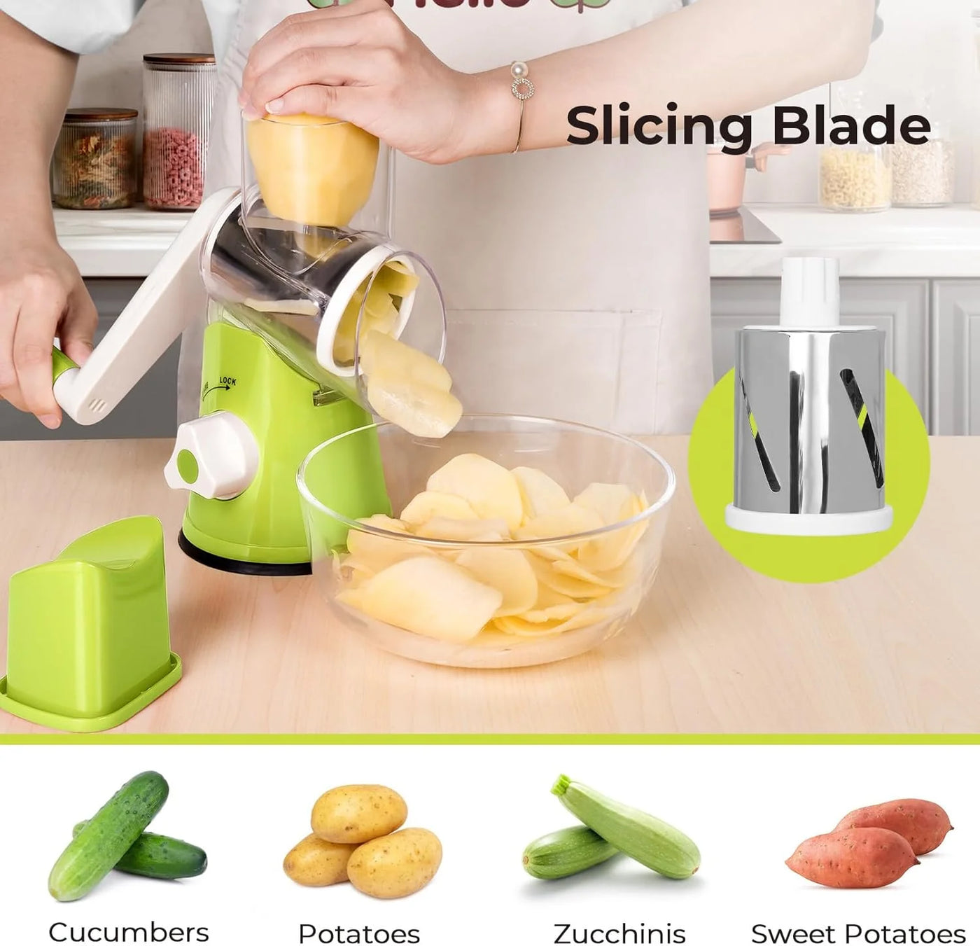 Rotary Cheese Grater, Manual Cheese Grater with Handle, Vegetables Slicer Cheese Shredder with Rubber Suction Base, 3 Stainless Drum Blades Included，Green
