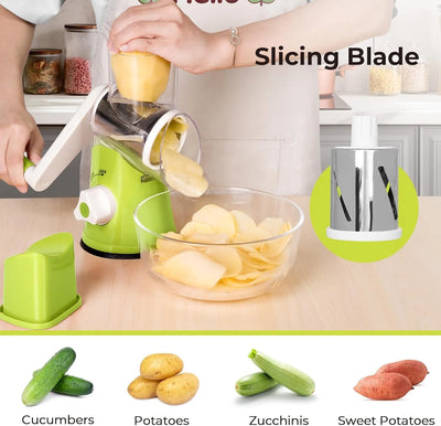 Rotary Cheese Grater, Manual Cheese Grater with Handle, Vegetables Slicer Cheese Shredder with Rubber Suction Base, 3 Stainless Drum Blades Included，Green