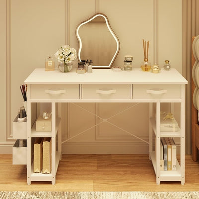White Vanity Desk, Computer and Study Desk with Fabric Drawers & Side