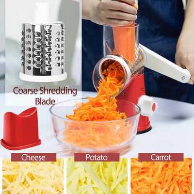 Cheese Grater Rotary, Kitchen Mandoline Vegetable Slicer with 3 Interchangeable Blades, Grater Slicer for Fruit, Vegetables, Nuts,Dishwasher Safe,Red