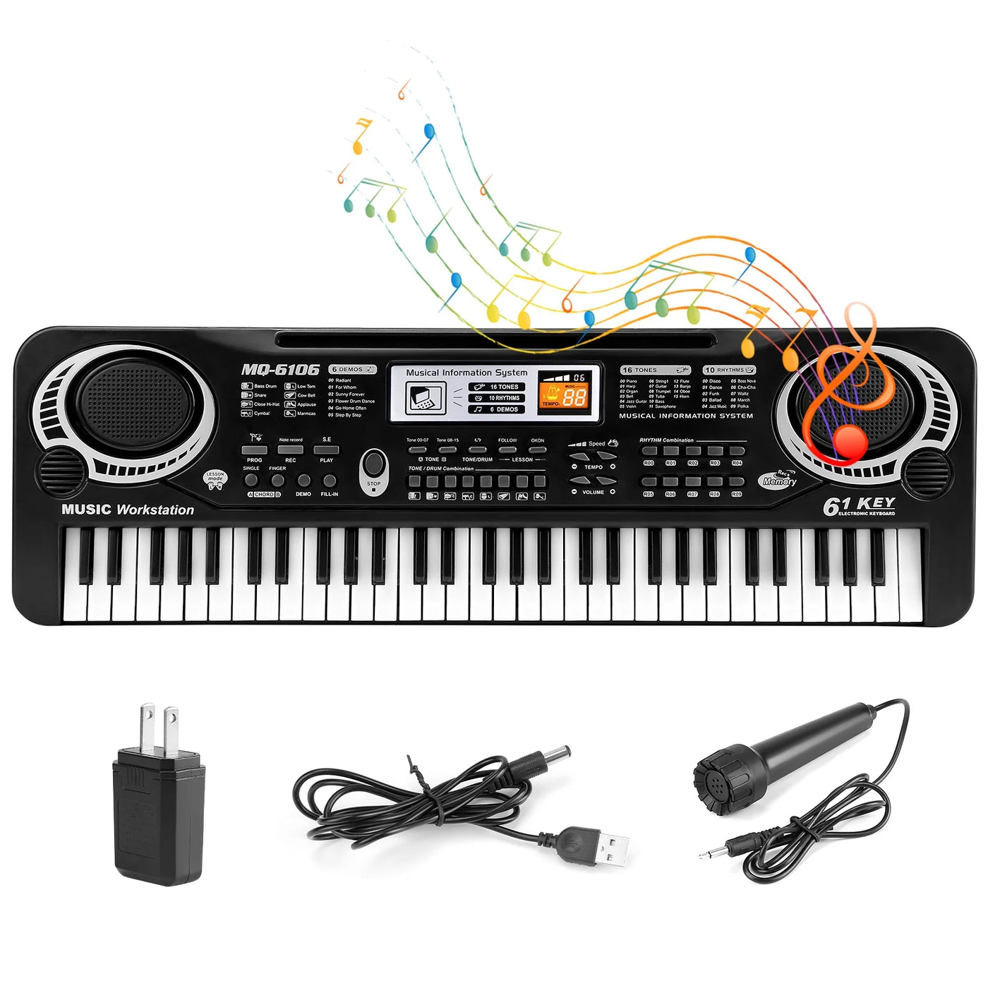 61 Keys Digital Music Keyboard,  Electric Piano Musical Instrument Kids Learning Keyboard with Microphone for Beginners Kids Girls Boys Adults, Black