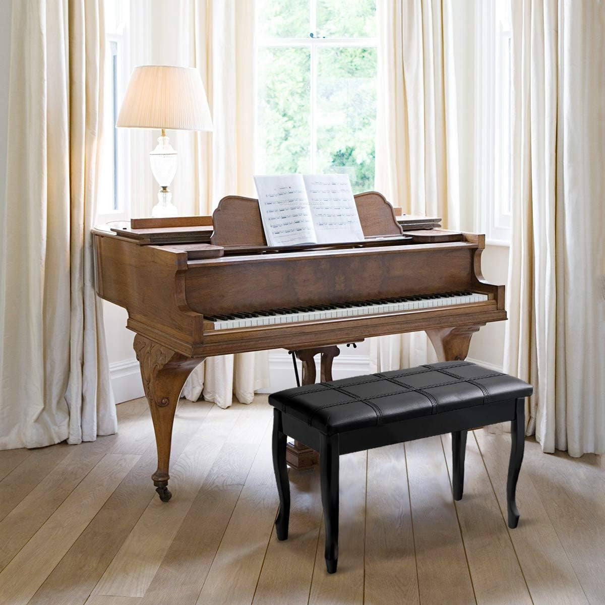 Piano Bench Stool with Padded Cushion and Music Storage, Heavy Duty Piano Duet Seat with PU Leather Padded Seat and Solid Wooden Legs, Perfect for Home Use (Black)