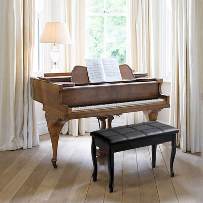 Piano Bench Stool with Padded Cushion and Music Storage, Heavy Duty Piano Duet Seat with PU Leather Padded Seat and Solid Wooden Legs, Perfect for Home Use (Black)