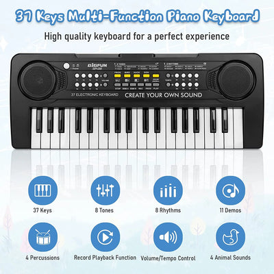 Kids Piano Keyboard, 37 Keys Electronic Music Piano for Kids Portable Multi-Function Musical Instruments Birthday Educational Toys for 3 4 5 6 7 Year Old Boys Girls Children Beginner(Black)