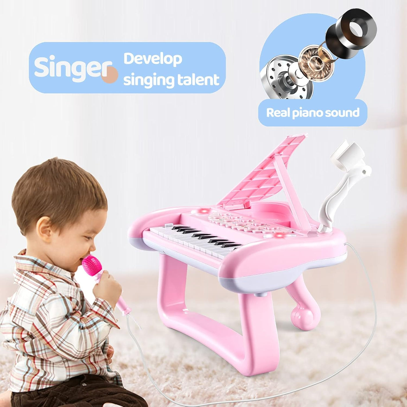 Girls First Birthday Gift Pink Piano Toy for 2 3 Year Old Toddler, Kids Musical Keyboard Instrument with Microphone, Baby Education Present