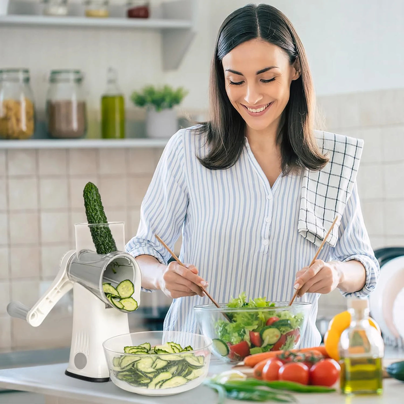 Multipurpose 5-In-1 Rotary Cheese Grater, Cheese Shredder with Rubber Suction Base, Versatile Drum Blades for Vegetables, Nuts, and More, White