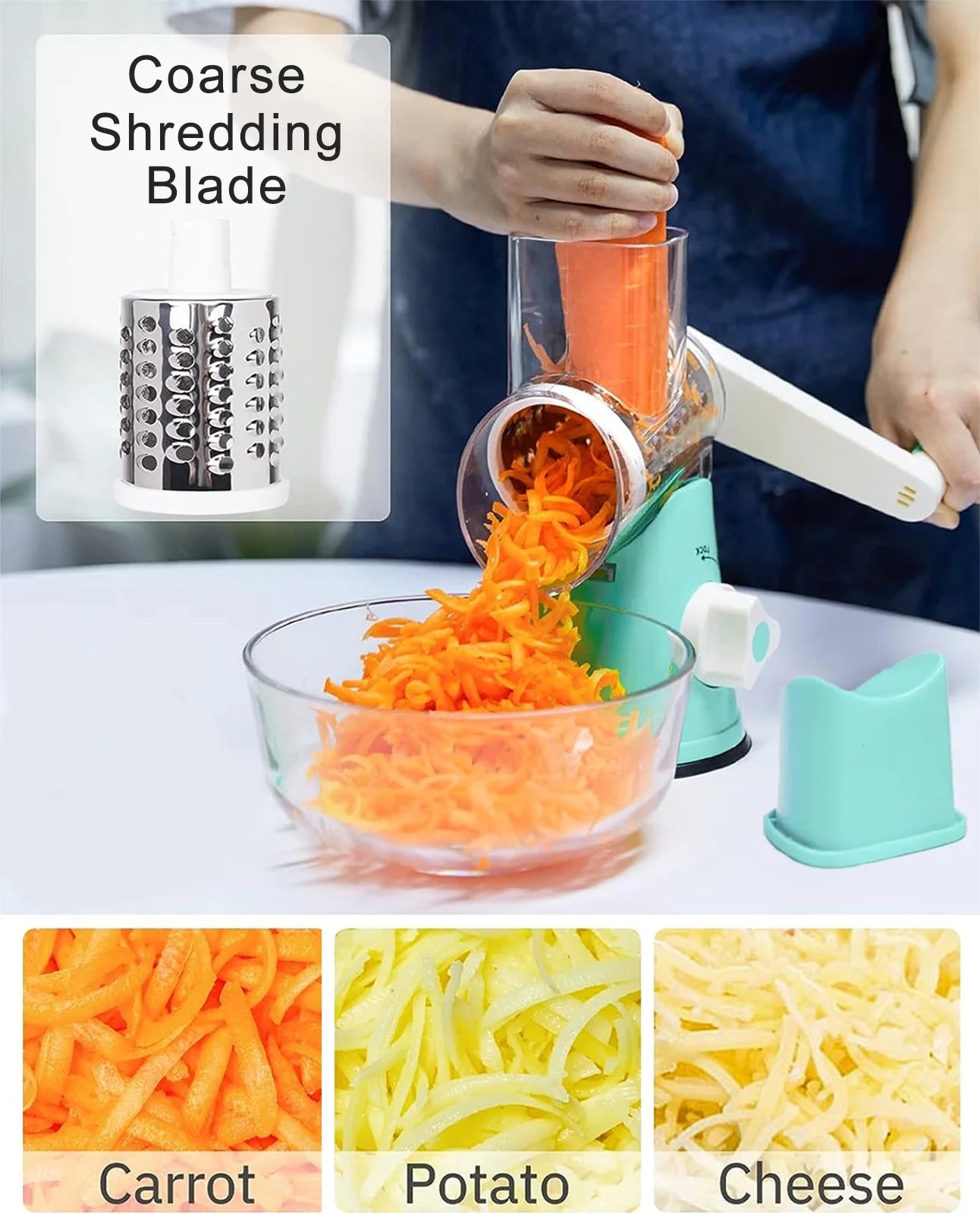 Premium Rotary Cheese Grater, Manual Cheese Grater for Kitchen, Handheld Vegetables Slicer Cheese Shredder with Rubber Suction Base, 3 Stainless Drum Blades Included,Blue