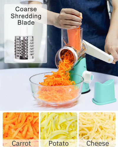 Premium Rotary Cheese Grater, Manual Cheese Grater for Kitchen, Handheld Vegetables Slicer Cheese Shredder with Rubber Suction Base, 3 Stainless Drum Blades Included,Blue