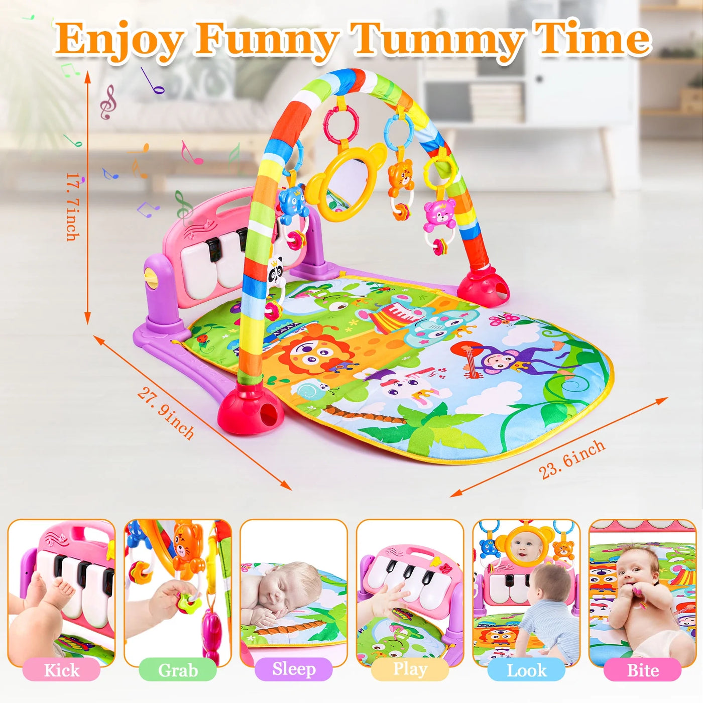 Musical Baby Gyms Play Mats, Funny Play Piano Tummy Time Baby Activity Gym Mat with 5 Infant Learning Sensory Baby Toys, Music and Lights, Baby Play Mat for Infant 0 to 12 Months+, Pink