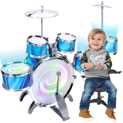 Kids Drum Set, 15 Pieces Drum Set for for Toddlers 1-3, Musical Instrument Toys with 6 Drums, W/ 4 Lights and 2 Cymbals, Drum Kit Boys Girls Birthday Gift for Beginner Music Practice