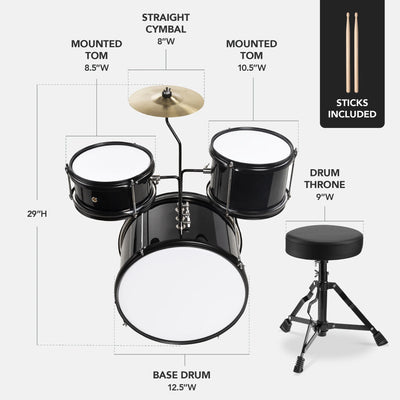 Kids Beginner 3-Piece Drum, Musical Instrument Set W/ Sticks, Cushioned Stool, Drum Pedal - Black