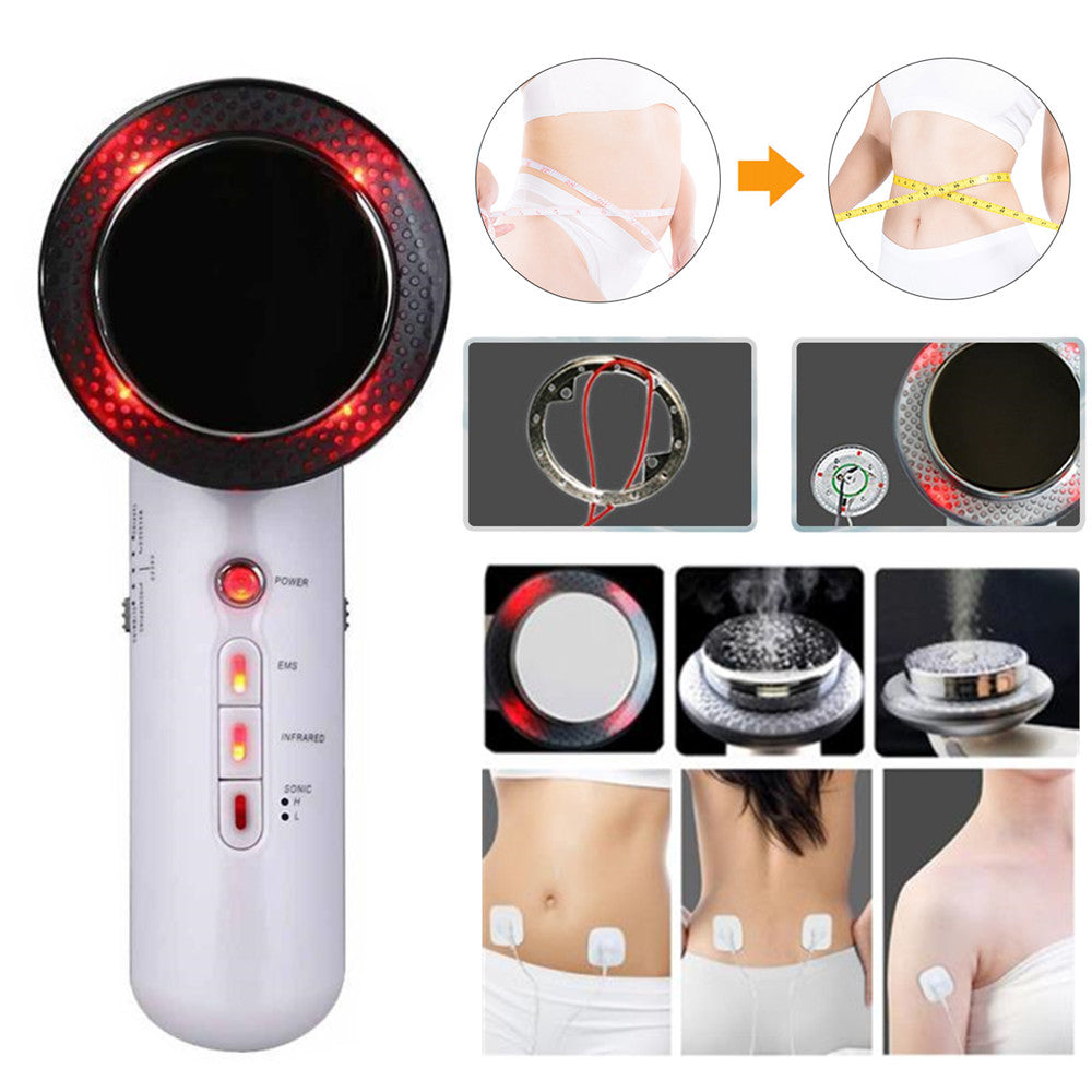 : A white handheld infrared EMS slimming massager with red LED lights around the heating area.