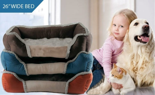 Soft Touch All Seasons 26'' Bed displayed with a little girl, a dog, and a cat showcasing comfort and style.