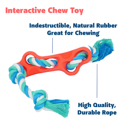 Rubber Bone Dog Chew Toy with Tug Rope -- Great for Active Dogs, indestructible rubber with durable rope for chewing.