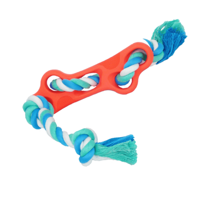 Rubber Bone Dog Chew Toy with Tug Rope -- Great for Active Dogs, durable and interactive with vibrant colors.