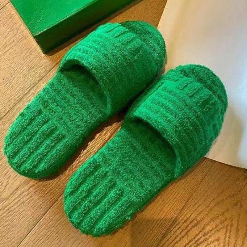 Green Luxury Peep Toe Thick Sole Women Slippers Corduroy Flat Slides