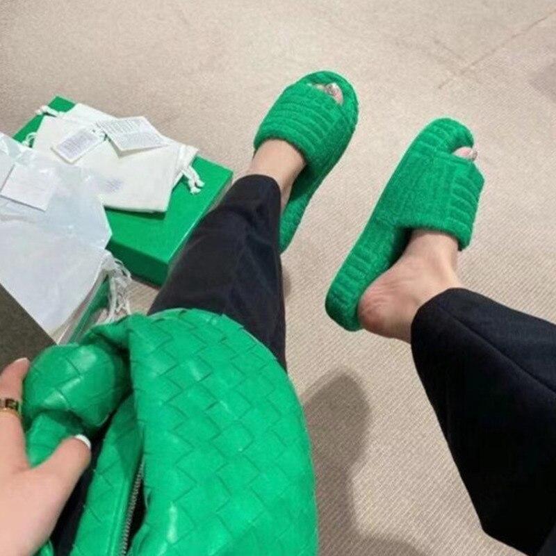 Green Luxury Peep Toe Thick Sole Women Slippers Corduroy Flat Slides