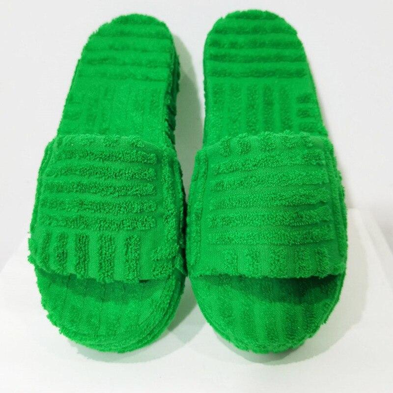 Green Luxury Peep Toe Thick Sole Women Slippers Corduroy Flat Slides