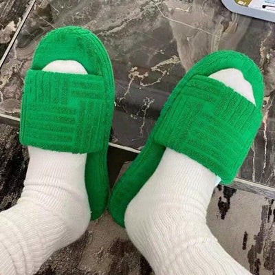 Green Luxury Peep Toe Thick Sole Women Slippers Corduroy Flat Slides