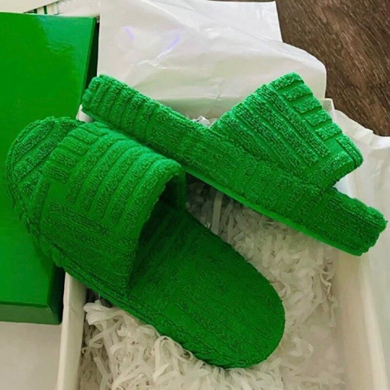 Green Luxury Peep Toe Thick Sole Women Slippers Corduroy Flat Slides