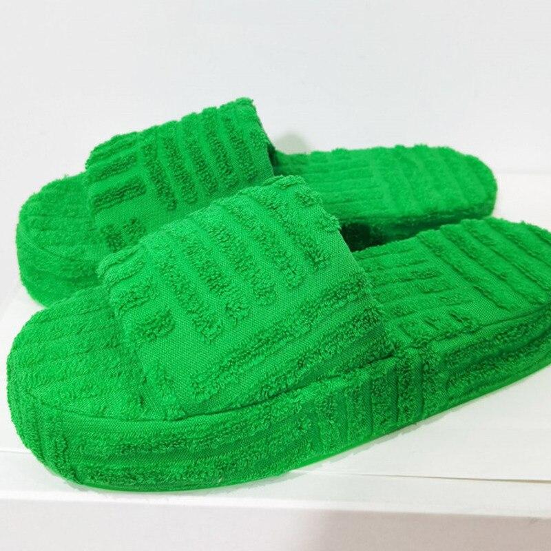 Green Luxury Peep Toe Thick Sole Women Slippers Corduroy Flat Slides