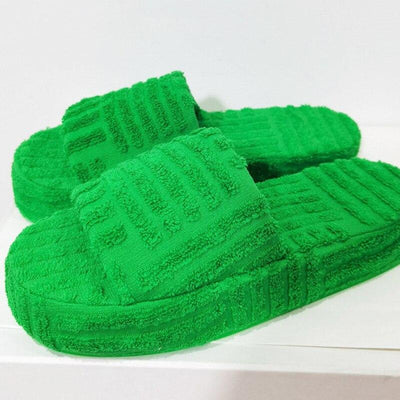Green Luxury Peep Toe Thick Sole Women Slippers Corduroy Flat Slides