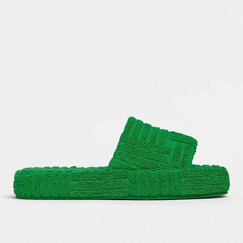 Green Luxury Peep Toe Thick Sole Women Slippers Corduroy Flat Slides