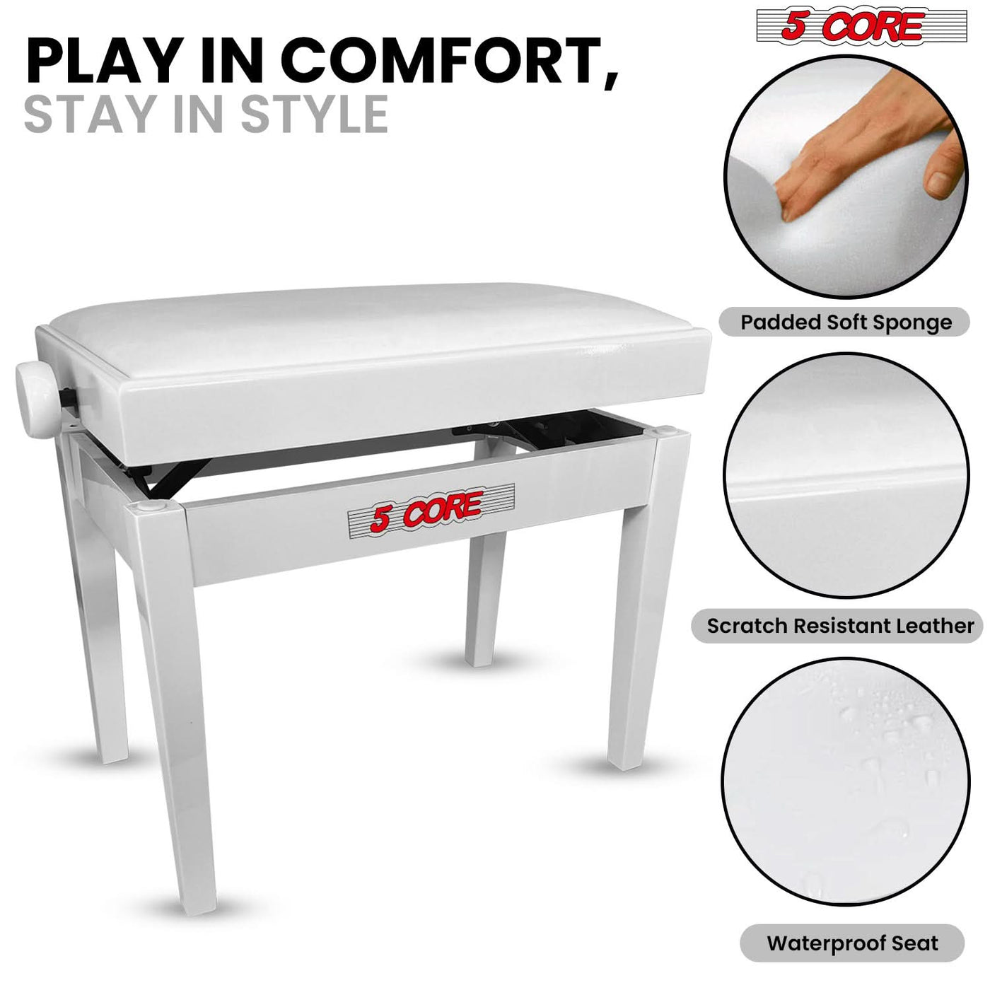 5 Core Adjustable Piano Bench Thick 3.25" Solid Wood Keyboard Stool Heavy Duty Musician Chair-4
