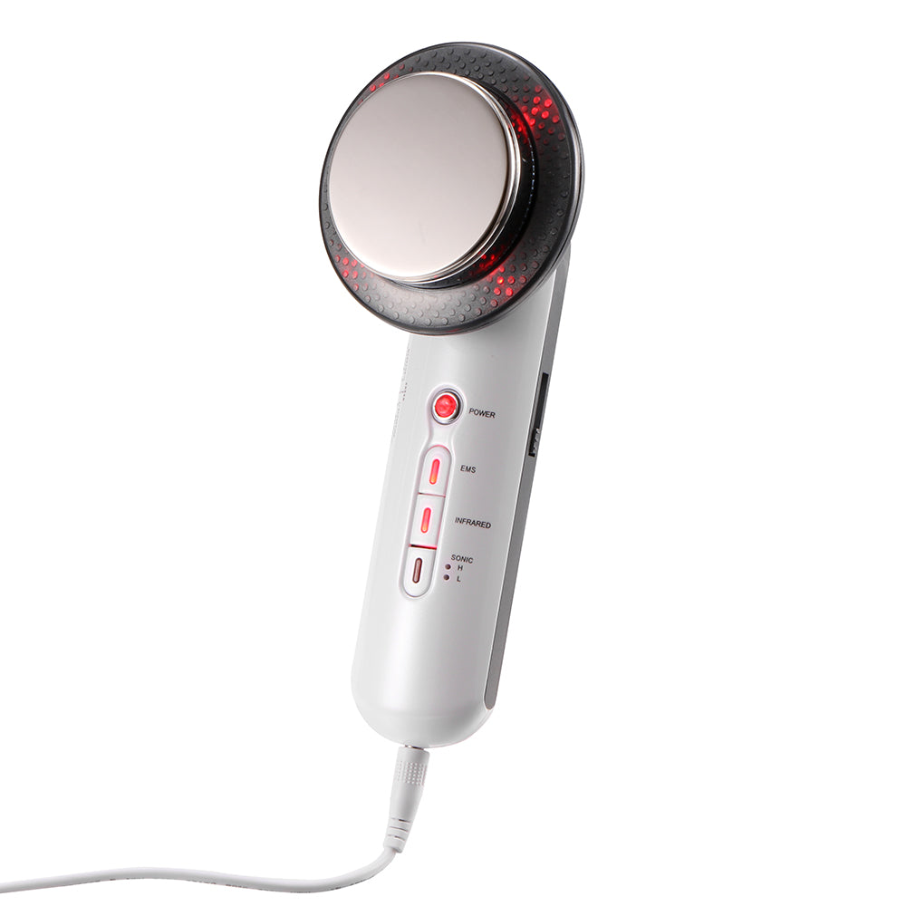 A handheld white body slimming massager featuring a large round metal head with red LED lights, designed for infrared and EMS therapy.