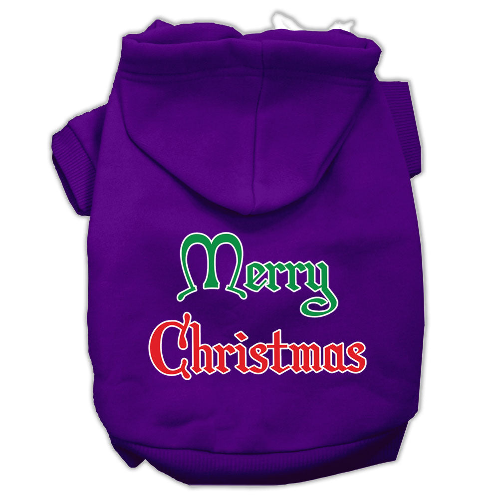 Mirage Pet Merry Christmas Screen Print Pet Hoodie in purple with festive text design.
