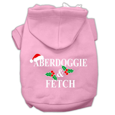 Mirage Aberdoggie Christmas Screen Print Pet Hoodie in pink with holiday design and festive text.