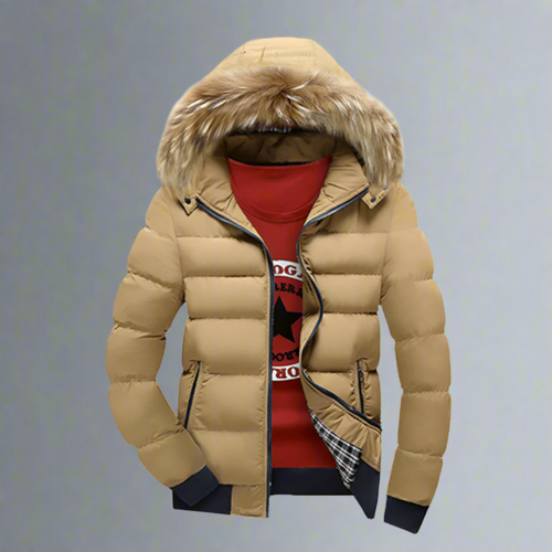 Mens Two Tone Puffer Jacket with Removable Hood in beige with faux fur collar and red shirt underneath.