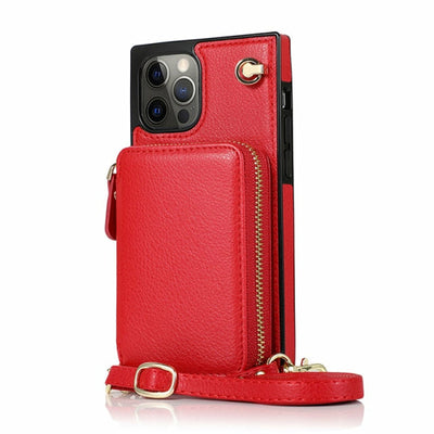 red leather phone case with a detachable crossbody strap