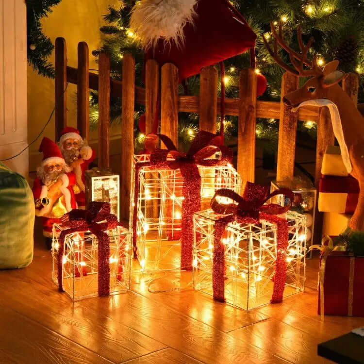 Set of 3 Lighted Christmas Gift Boxes 60 LED Indoor & Outdoor Holiday