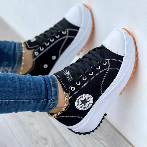 Flat Lace-Up Sneakers Pattern Canvas Casual Sport Shoes displayed on feet, perfect for casual outings and sports activities.