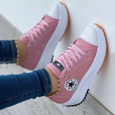 Flat Lace-Up Sneakers Pattern Canvas Casual Sport Shoes in pink, featuring stylish laces and comfortable design.
